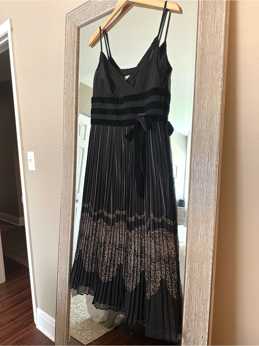 NWT | LOFT Black Pleated Midi Dress with Beige Lace Border
